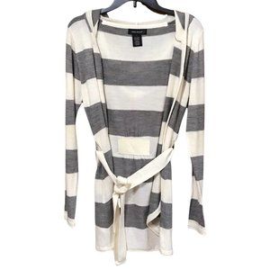 Level Eight Women Hooded Cardigan, Belted, Open Front, Creamy White and Silver